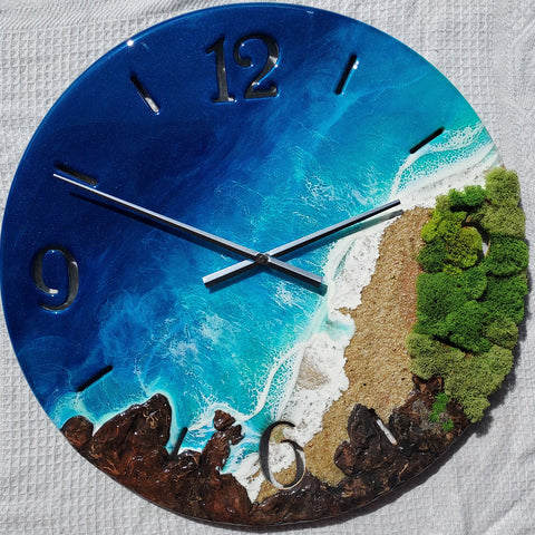 Coastal inspired Resin Art Wall Clock. 60cm in diameter and 3 dimensional, this resin art wall clock is handmade in QLD, Australia